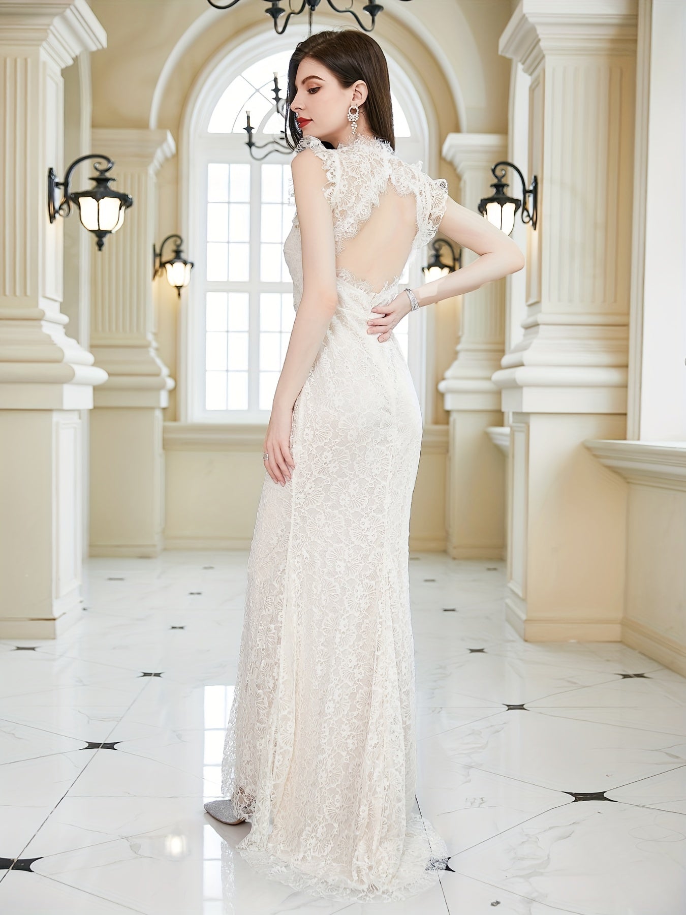 Lace Backless Maxi Wedding Dress Sleeveless Solid