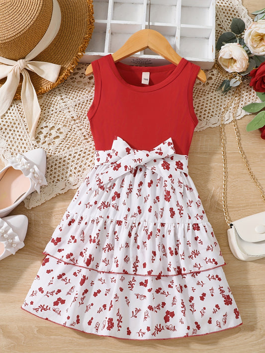 Girls' Holiday Party Dress with Belt, Sleeveless Floral Casual