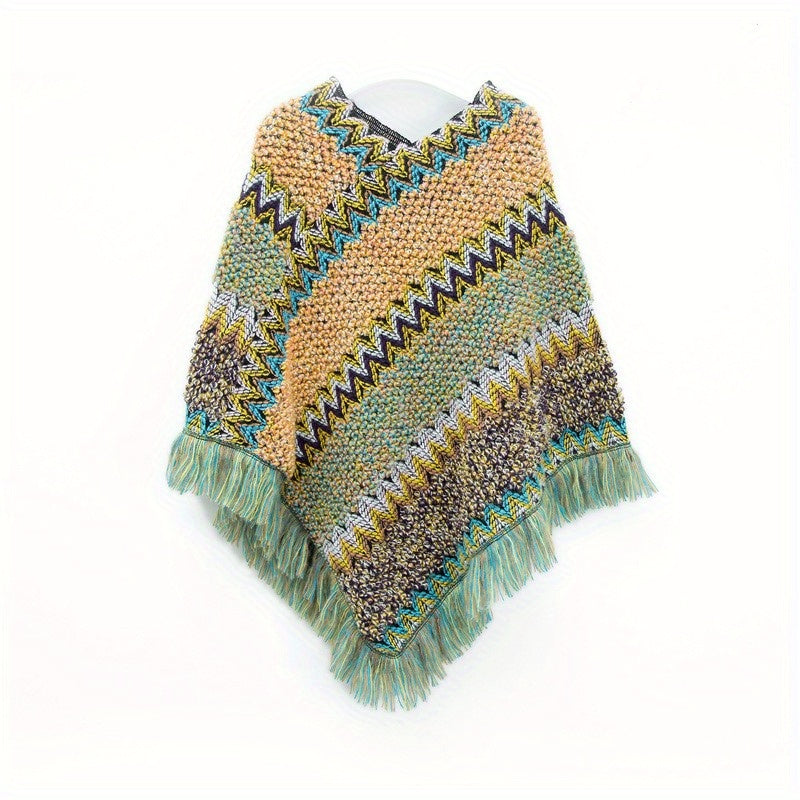 Boho Knitted Tassel Shawl Geometric Block Scarf