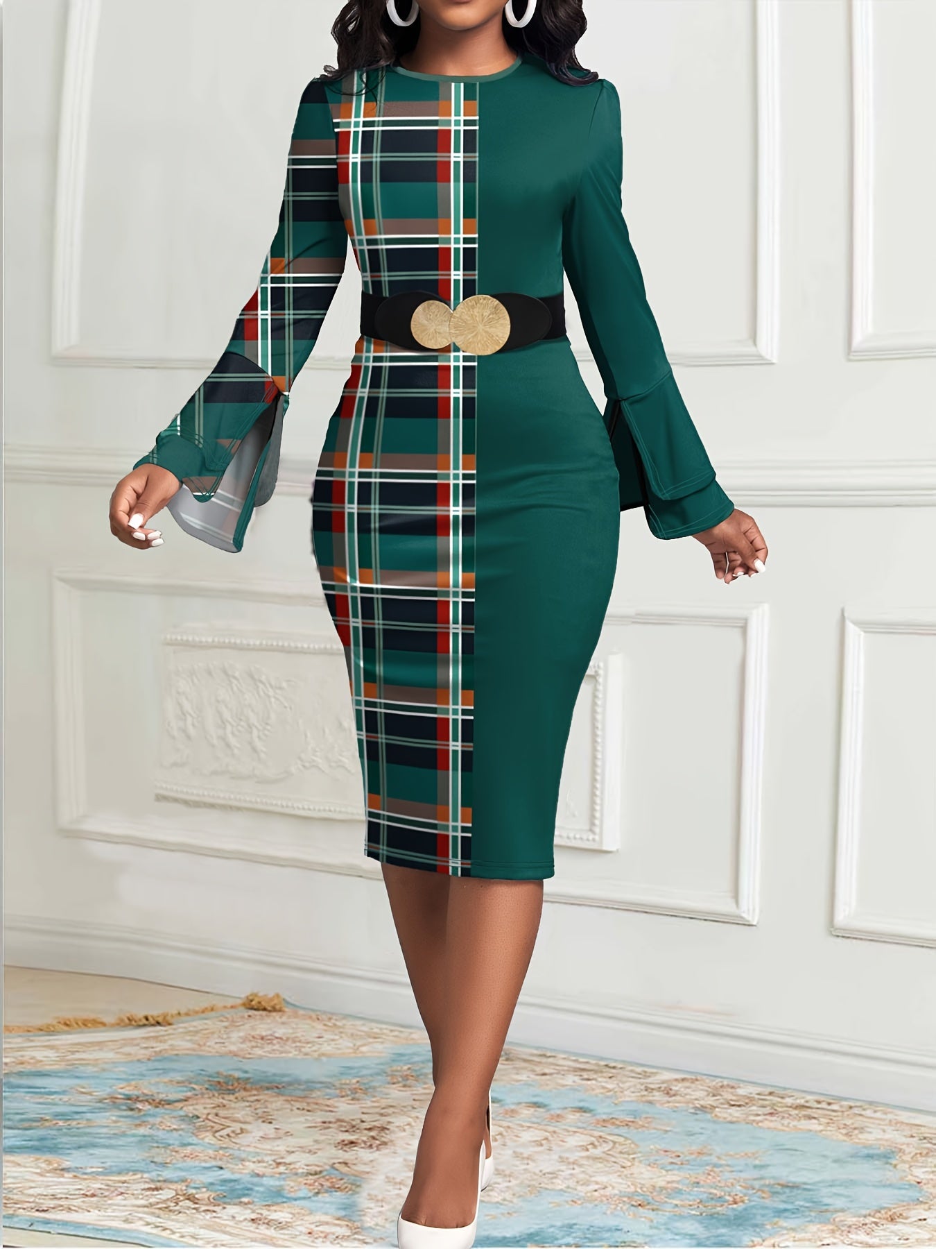  Colorblock Plaid Bell Sleeve Dress