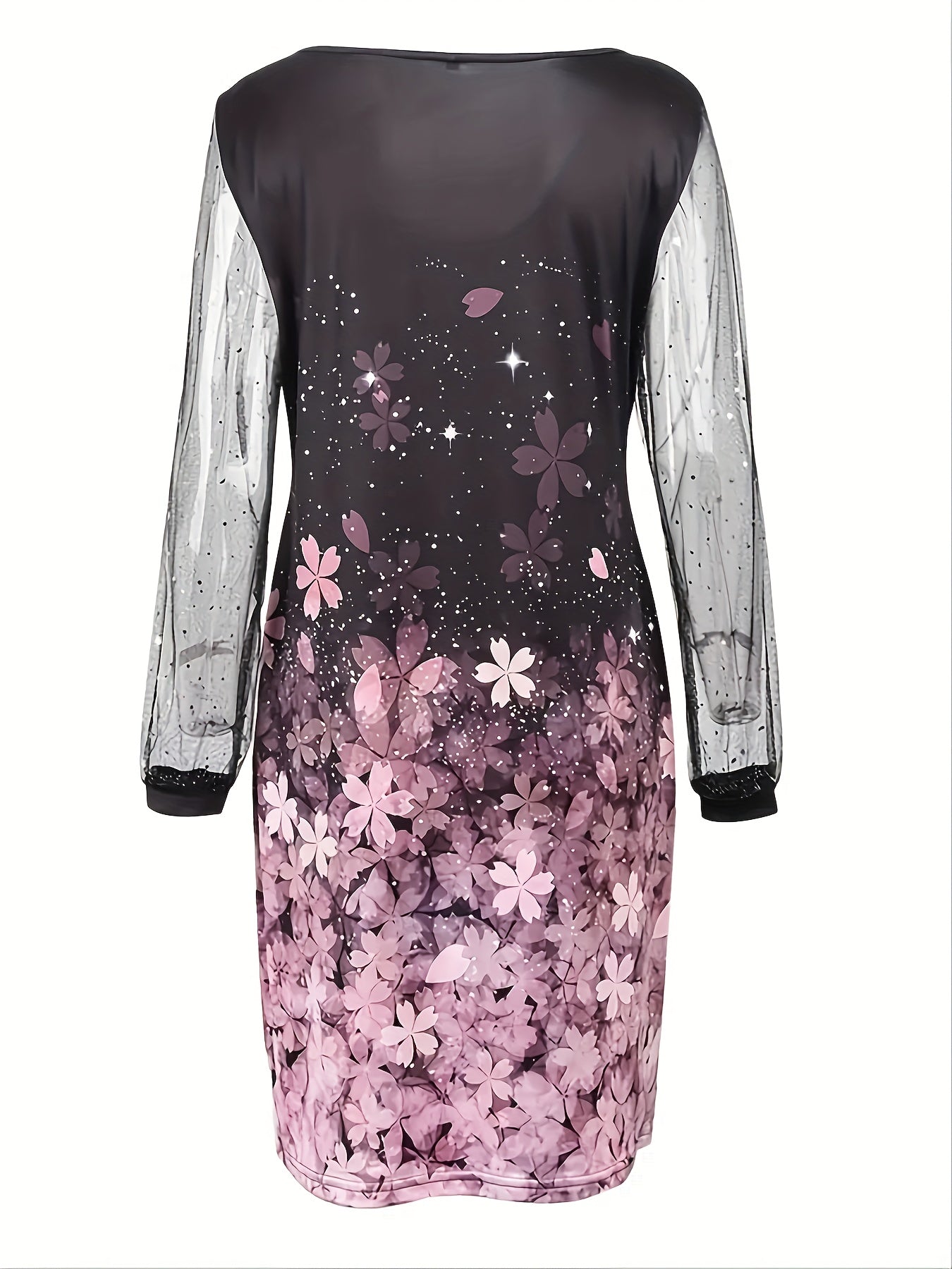 Women's Floral Print Mesh Sleeve Round Neck Dress