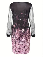  Women's Floral Print Mesh Sleeve Round Neck Dress