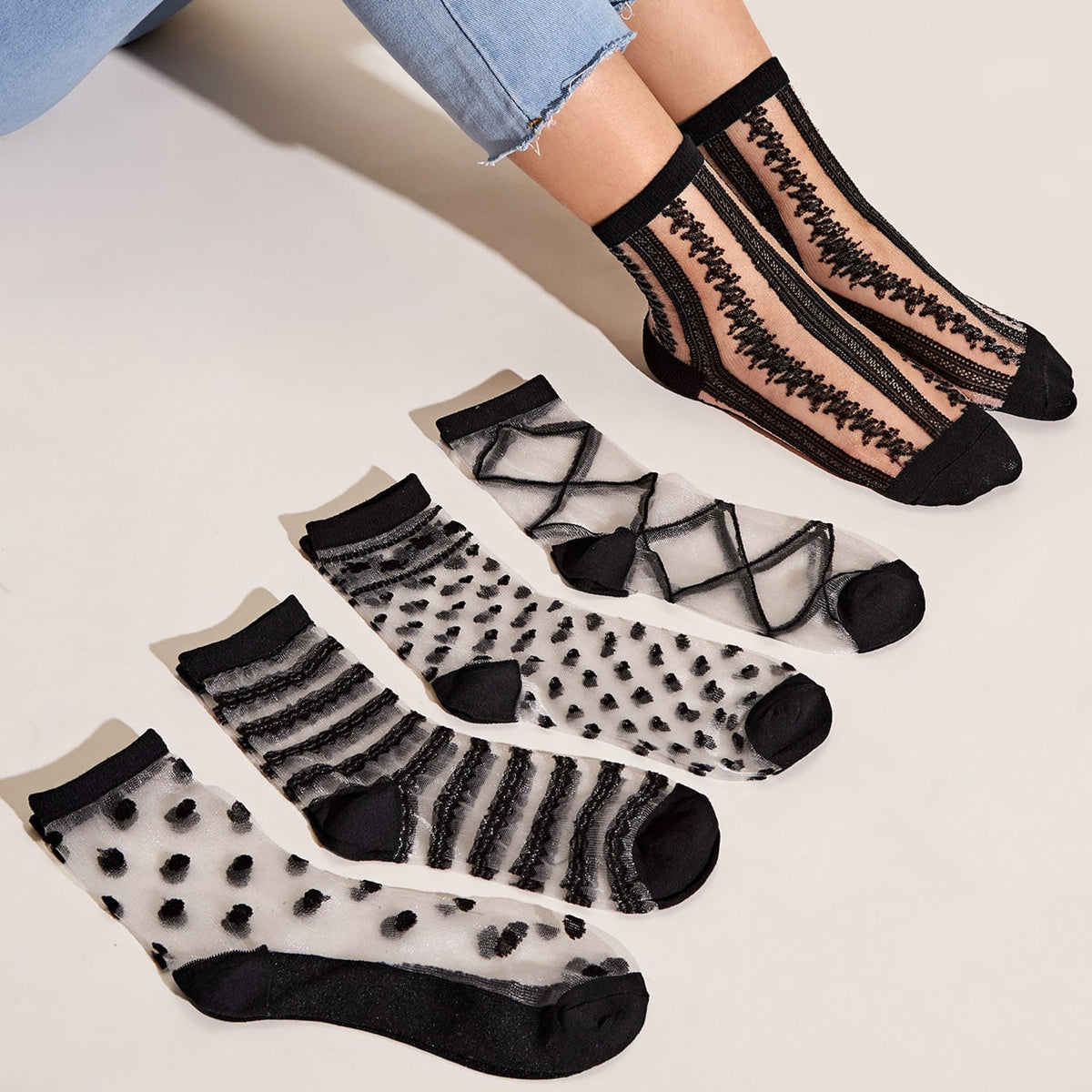 5 Pairs Lace Crew Socks & Comfortable Mesh Stockings Women's Socks