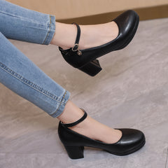 Women's Mid Chunky Heels Comfortable Closed Toe Buckle Strap Shoes