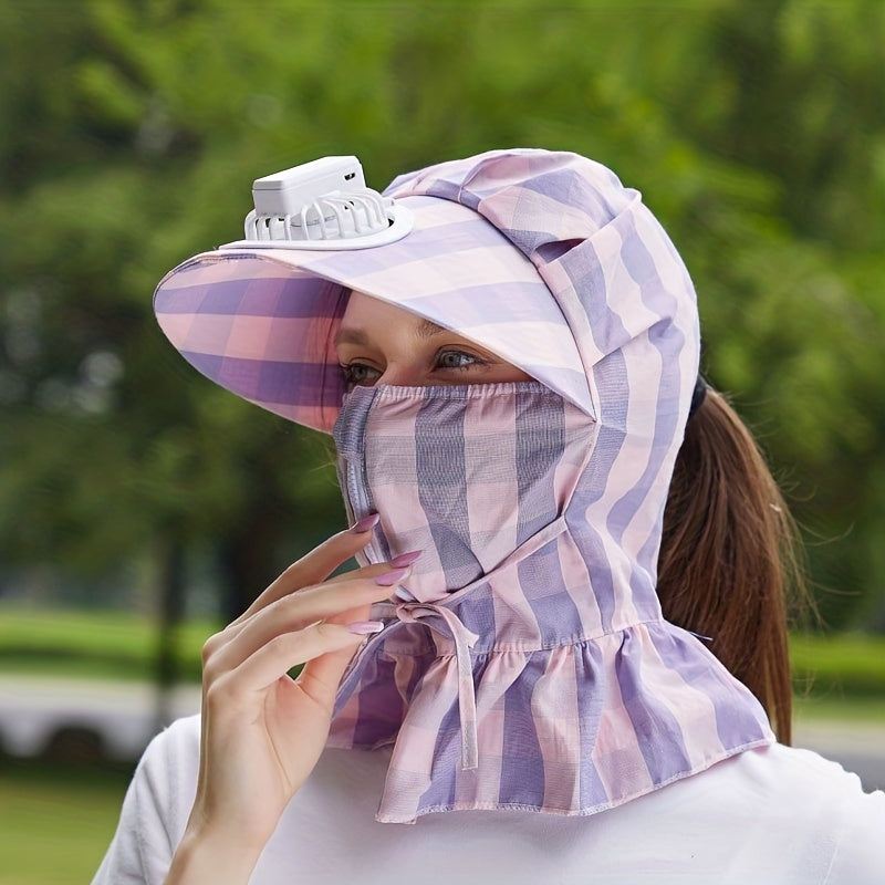 Plaid Print Fan Sun Hat with Neck Gaiter and Face Covering