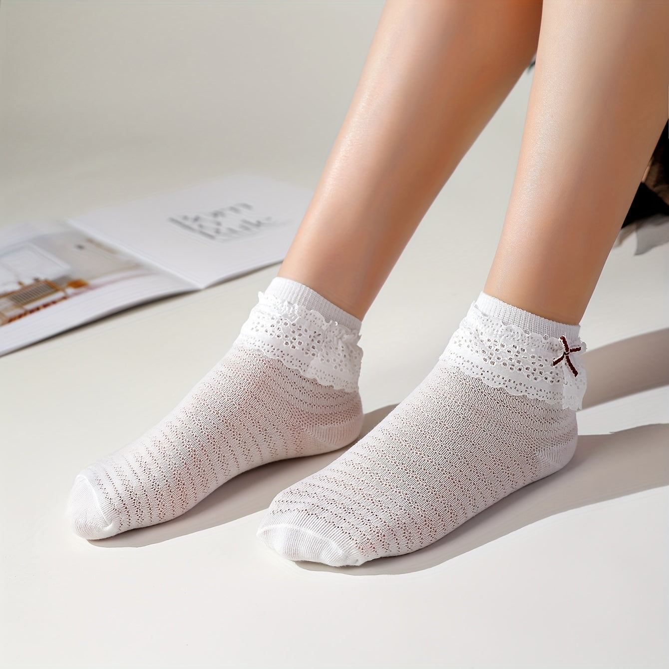 6 Pairs Lace Trim Fishnet Socks for Women