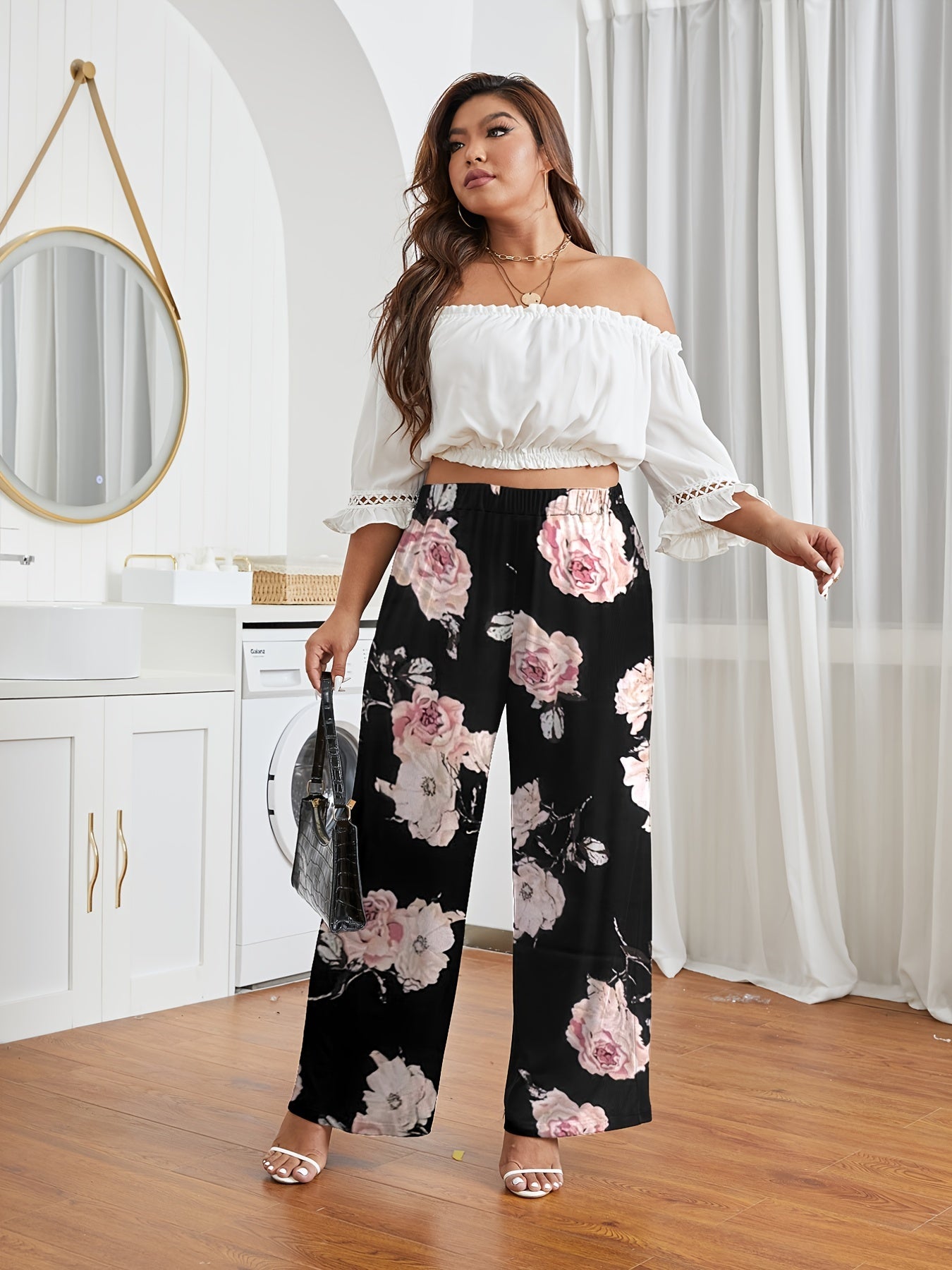 Women's Plus Floral Print Loose Fit Wide Leg Pants