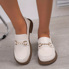 Women's Pearl Loafers Preppy Style Leather Shoes