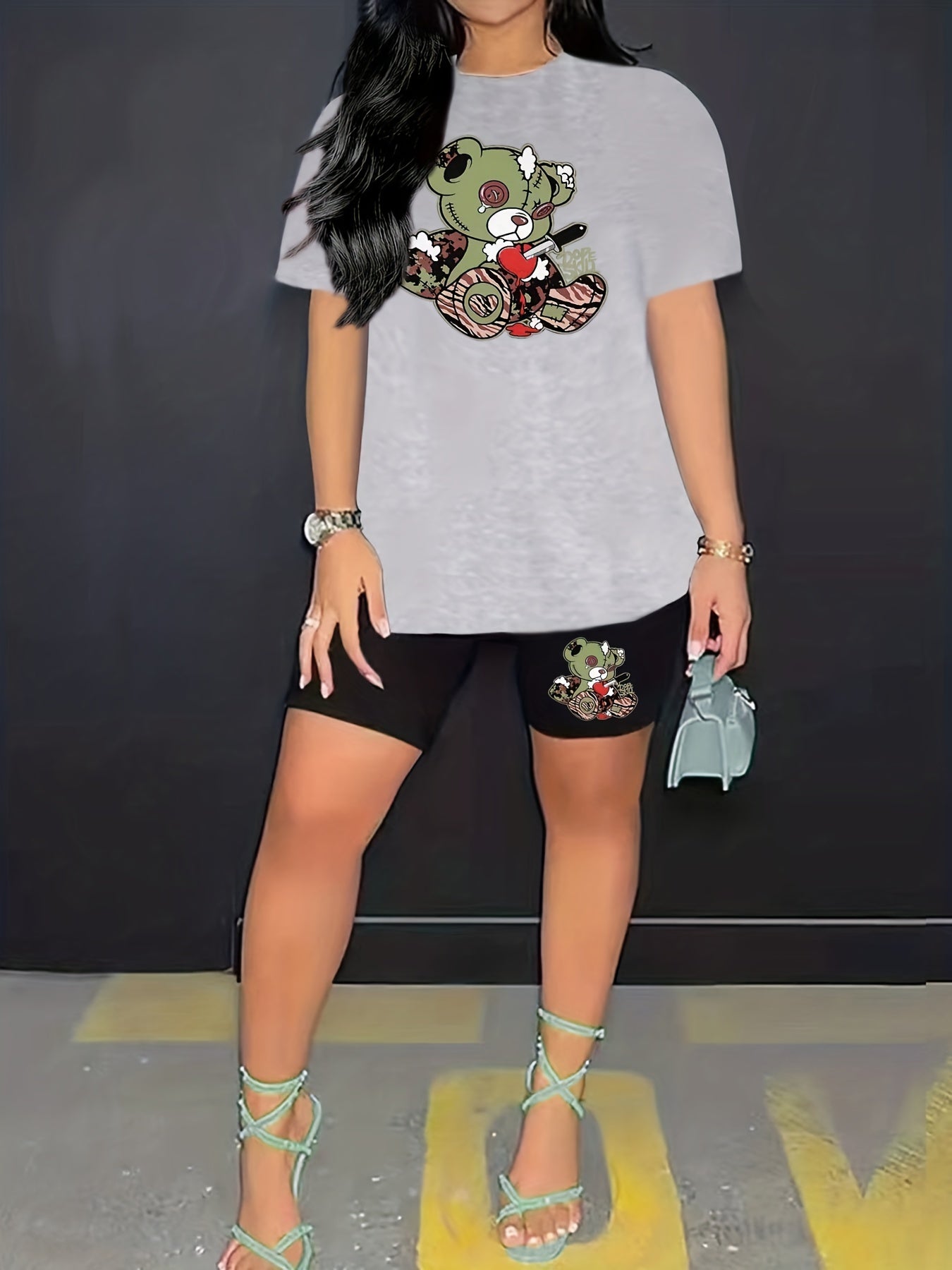 Teddy Bear Print 2pc Set Short Sleeve Crew Neck T Shirt & Shorts Casual Outfit