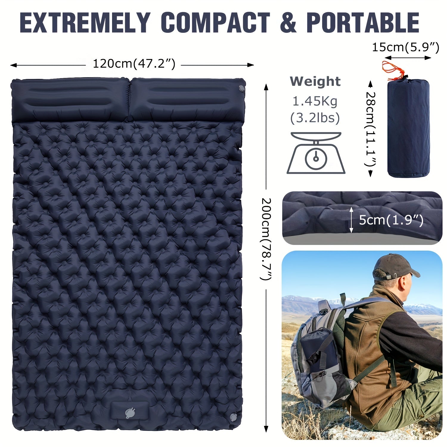 Double Inflatable Mattress with Built-In Pump for Camping and Travel