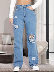 Ripped Distressed Loose Denim Pants Medium Wash Jeans