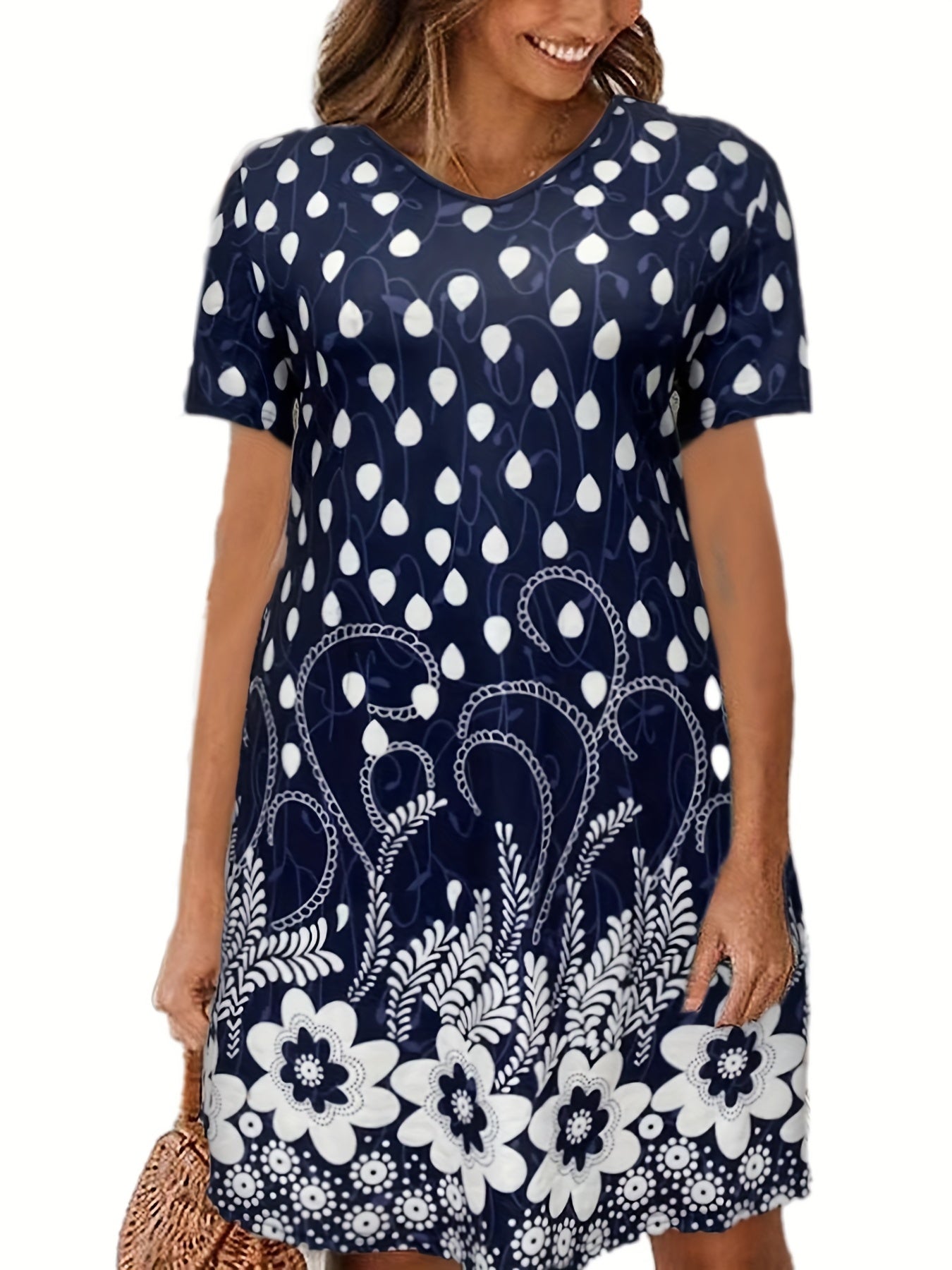  Floral Print Short Sleeve V Neck Midi Dress
