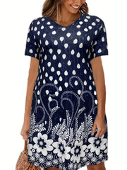  Floral Print Short Sleeve V Neck Midi Dress