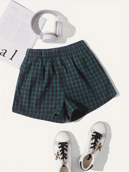 Plaid Pattern Elastic Waist Shorts for Women