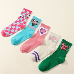 5 Pairs Heart & Letter Print Socks College Style Women's Stockings