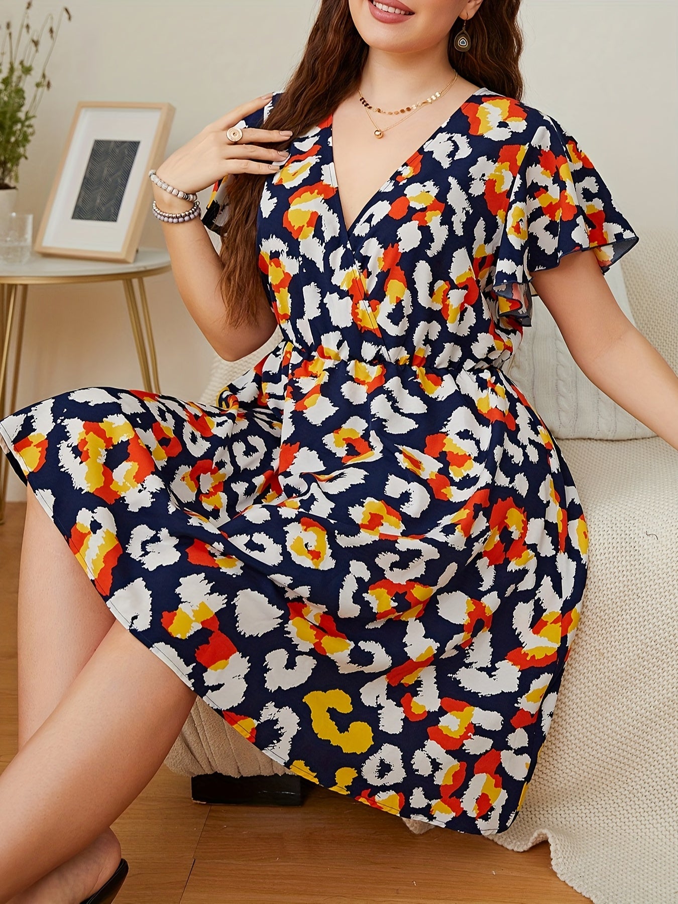 Graphic Print Ruffle Trim Cap Sleeve Mini Dress Plus Size