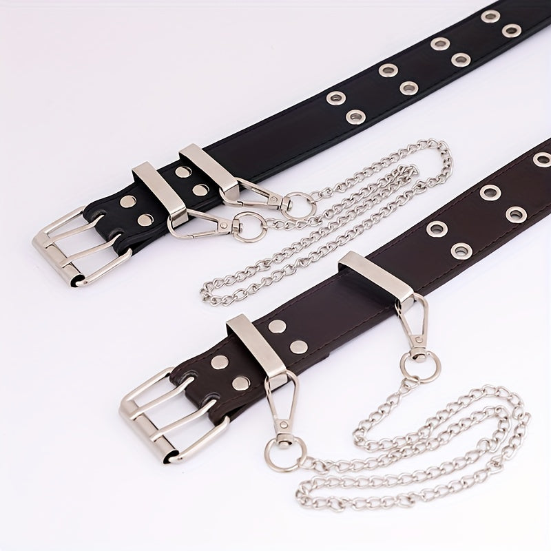 Punk Double Eyelet PU Belt with Chain Charm for Jeans