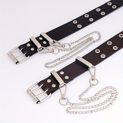 Punk Double Eyelet PU Belt with Chain Charm for Jeans