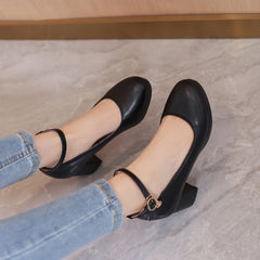 Women's Mid Chunky Heels Comfortable Closed Toe Buckle Strap Shoes