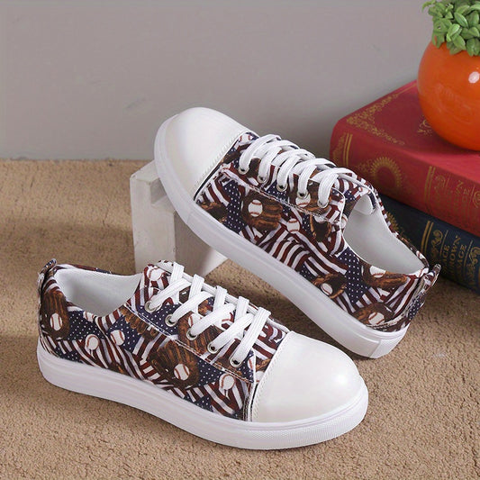 Women's Baseball Print Canvas Shoes Casual Lace Up Low Top Outdoor Sneakers