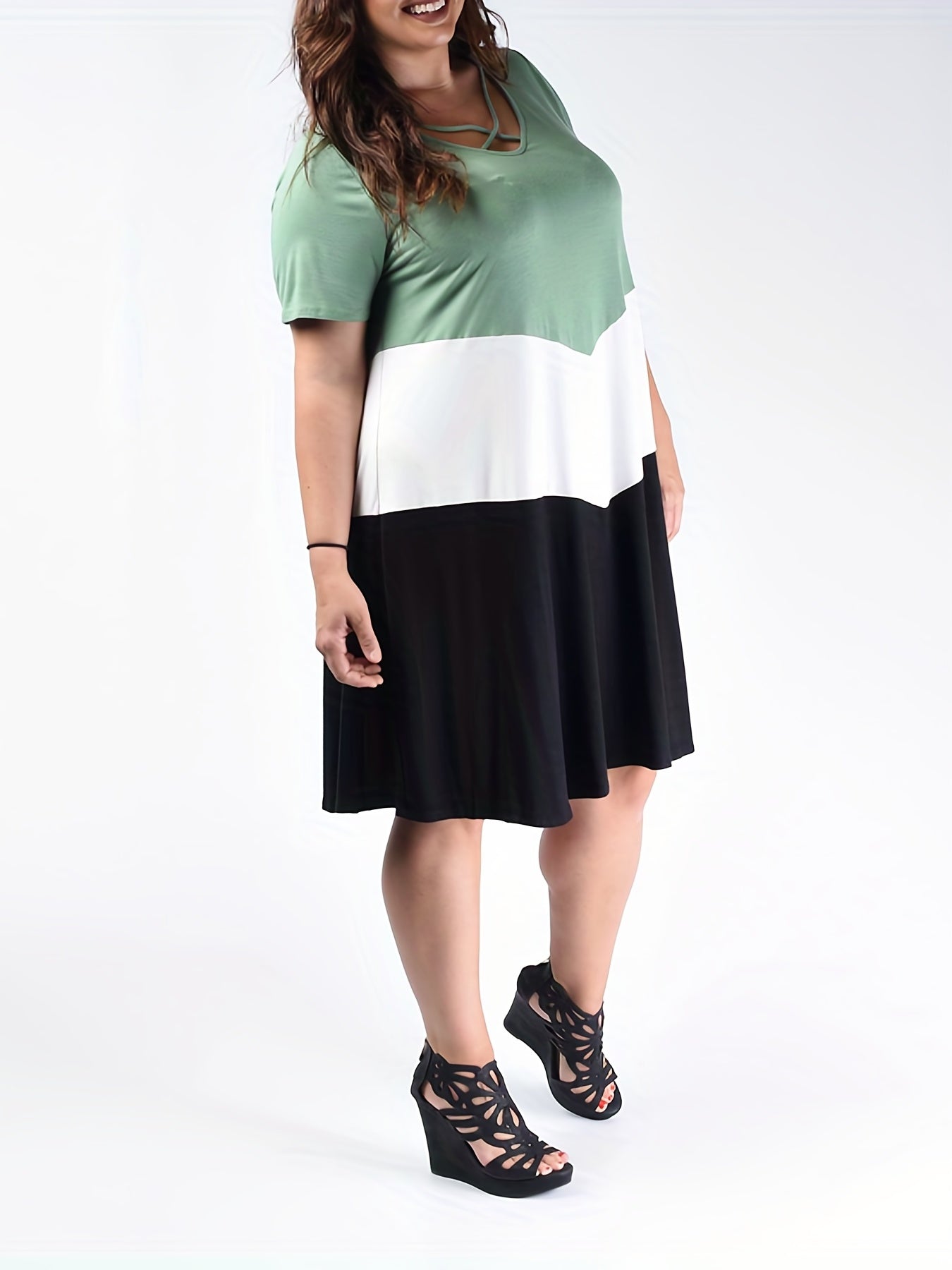  Colorblock Short Sleeve V Neck Dress