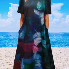  Floral Print Short Sleeve Dress With Pockets