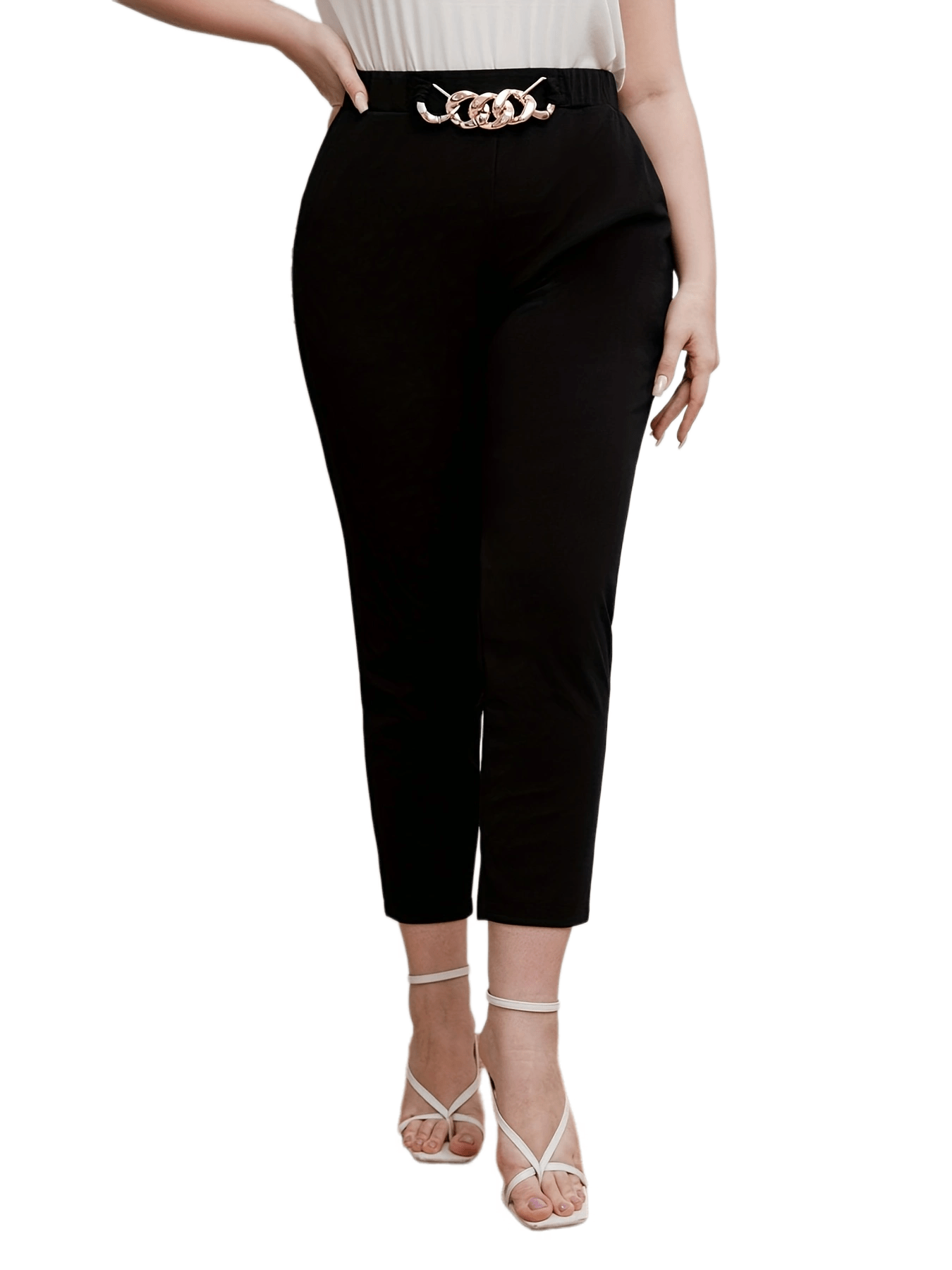  Solid Chain Decor Elastic High Rise Straight Leg Crop Trousers