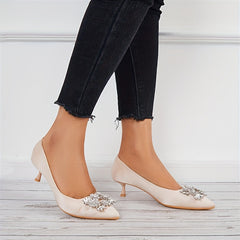 Women's Satin Kitten Heels Rhinestone Slip On Low Heels