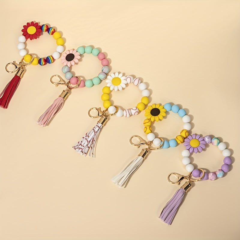 Sun Flower Silicone Bead Keychain Tassel Pendant