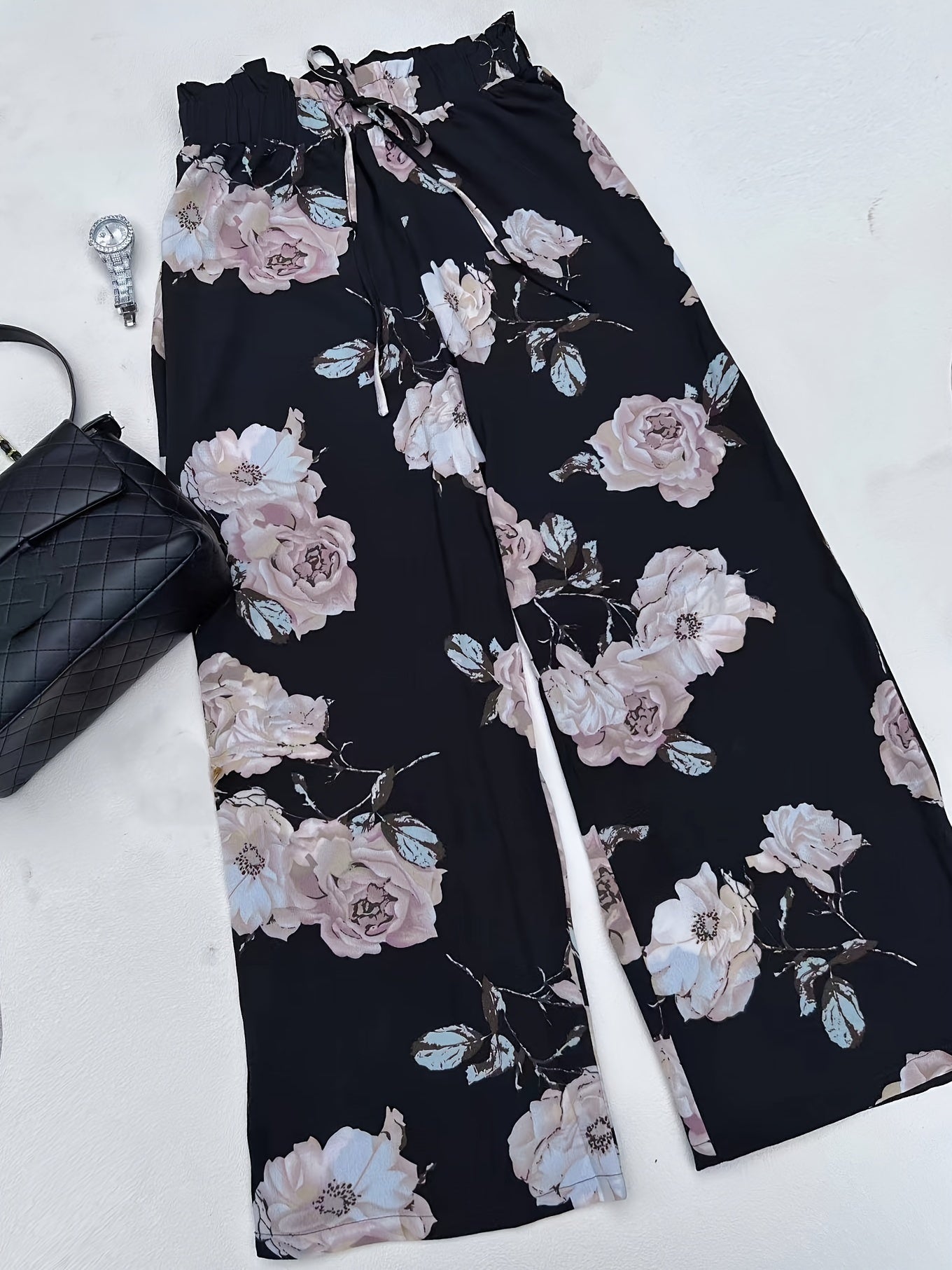 Women's Plus Floral Print Drawstring High Rise Wide Leg Pants