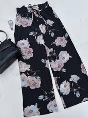 Women's Plus Floral Print Drawstring High Rise Wide Leg Pants