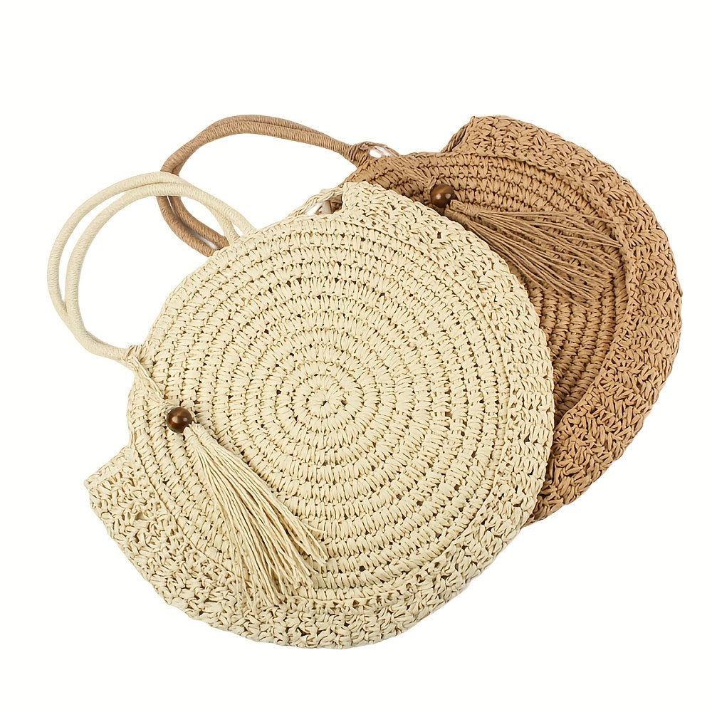 Round Straw Beach Bag Woven Boho Style Tote Bag