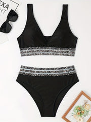 Leopard Print Mesh Band Bikini Set V Neck High Waist 2 Piece Swimsuit