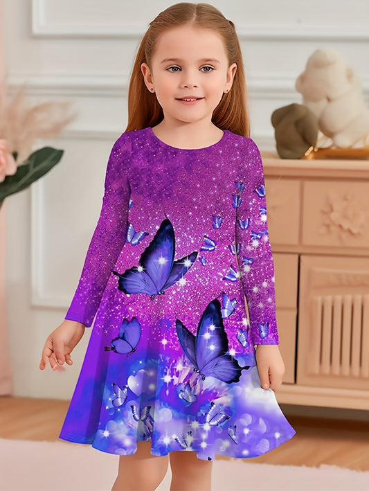 Girls Butterfly Print Long Sleeve Dress Spring Fall Gift Party
