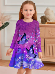 Girls Butterfly Print Long Sleeve Dress Spring Fall Gift Party