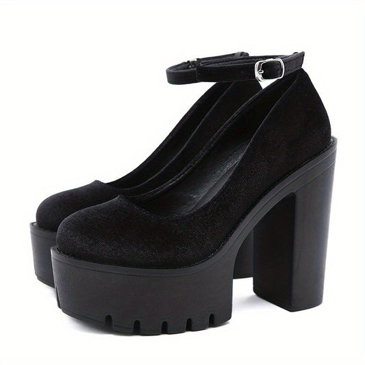 Block Heeled Platform Shoes Ankle Strap Solid Pumps