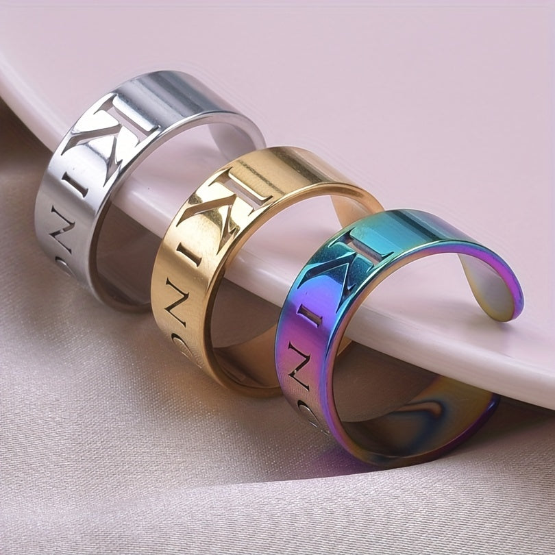 18k Plated Carved 'king' Symbol Stainless Steel Cuff Ring