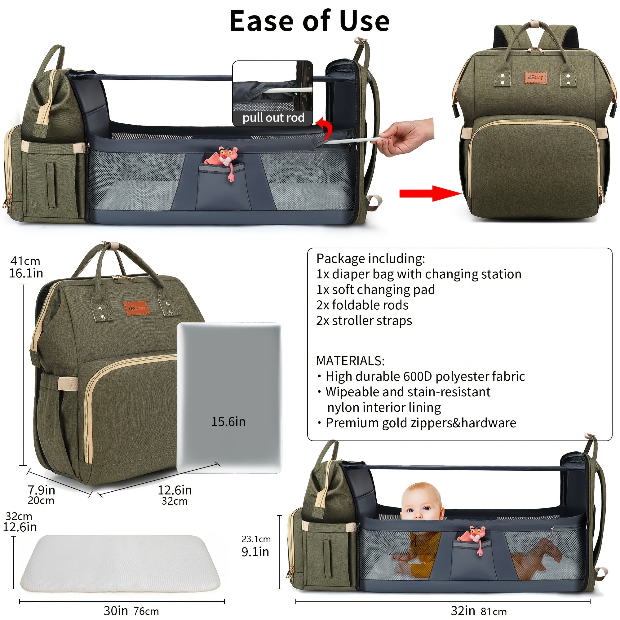 Baby Diaper Bag Backpack With Changing Station 30L Dual Use Baby Bag For Mom