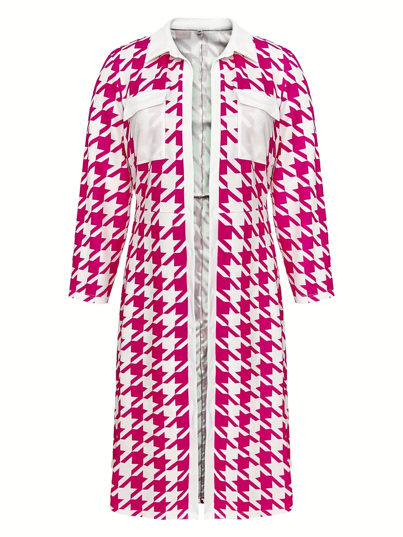  Colorblock Houndstooth Print Button Up Long Sleeve Shirt Dress