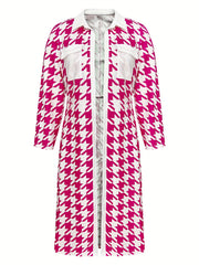  Colorblock Houndstooth Print Button Up Long Sleeve Shirt Dress