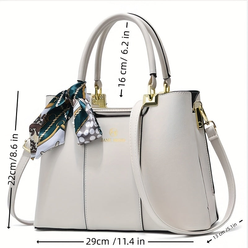 Classic Tote Shoulder Bag Solid Satchel Bag Scarf Decor Women's Bag