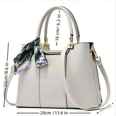 Classic Tote Shoulder Bag Solid Satchel Bag Scarf Decor Women's Bag