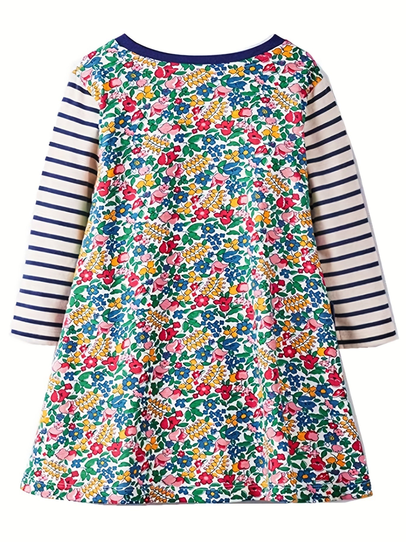 Kid Girls' Stripes Floral Long Sleeve Cotton Dress With Pockets