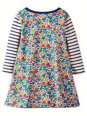 Kid Girls' Stripes Floral Long Sleeve Cotton Dress With Pockets