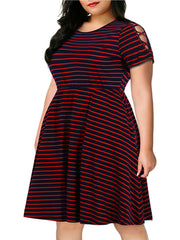 Strip Print Criss Cross Short Sleeve Midi Dress Women's Plus