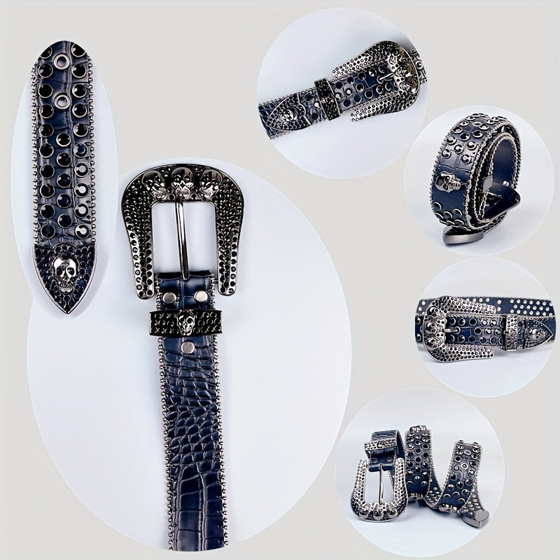 Y2K Skull PU Belt & Rhinestone Bracelet Set