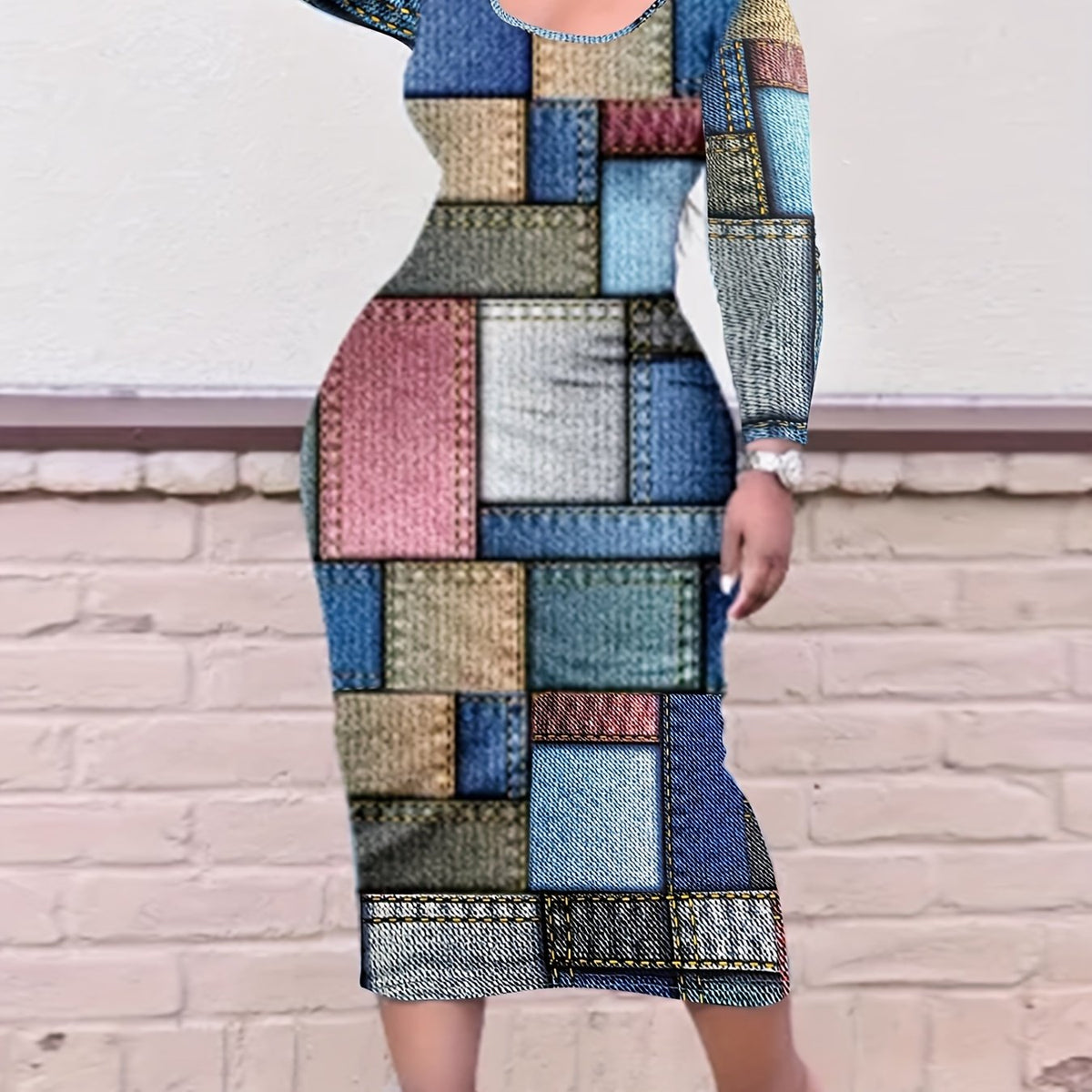  Colorblock Denim Print Long Sleeve Dress