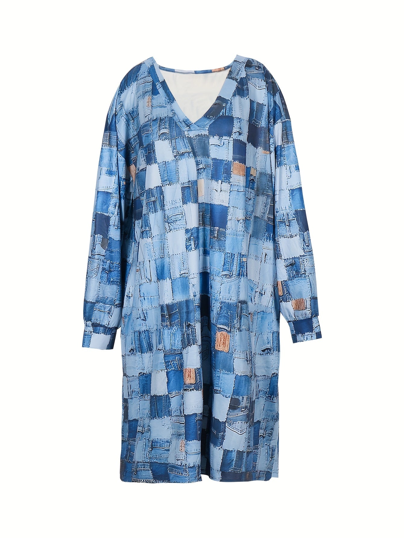  Denim Print Long Sleeve V Neck Dress With Pockets