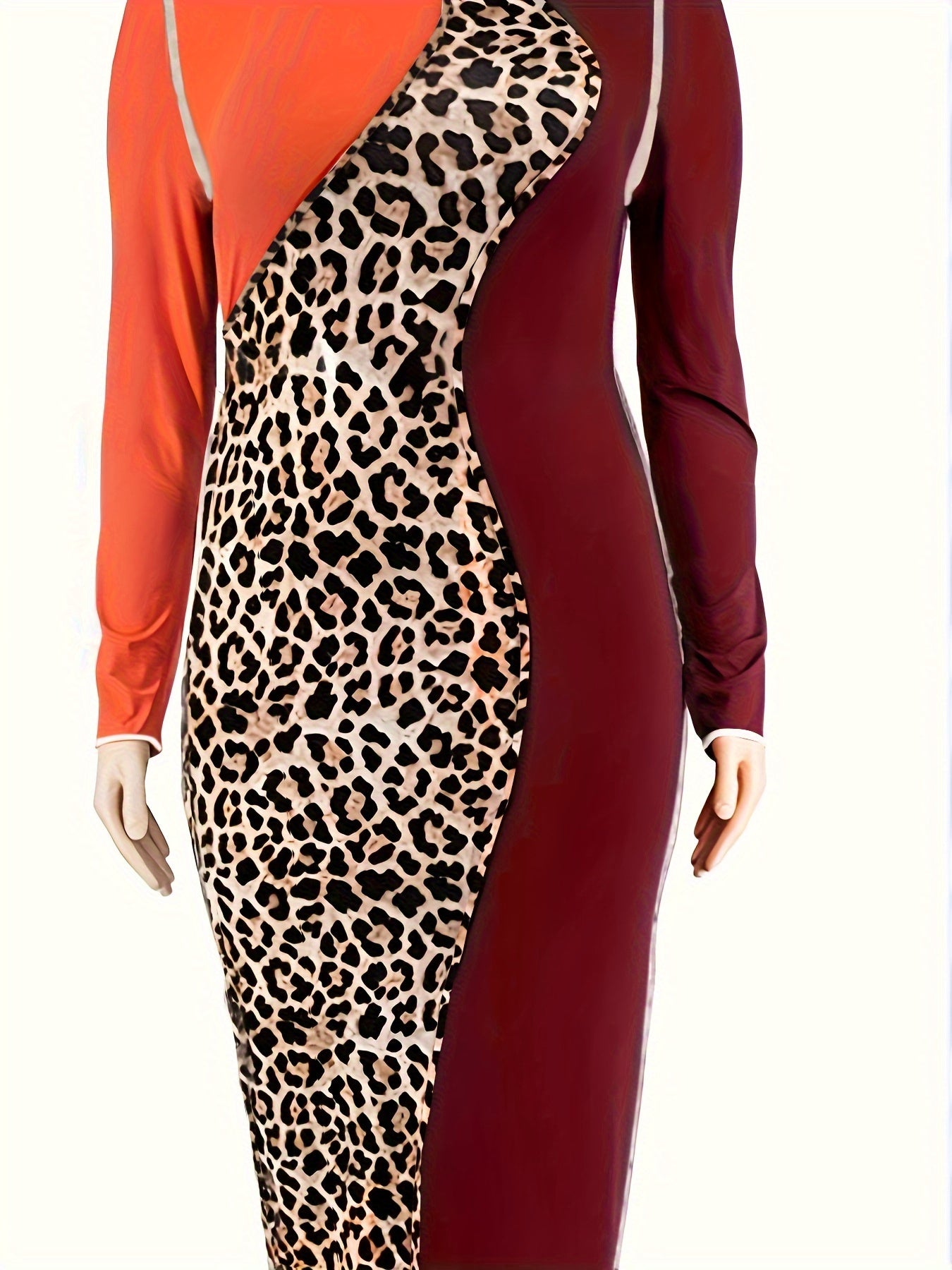  Colorblock Leopard Print Long Sleeve Dress