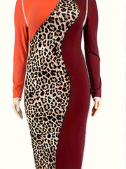  Colorblock Leopard Print Long Sleeve Dress